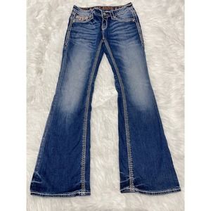Rock Revival Kai Boot Cut Stretch Jean Sz 28 Embroidered Flap Pocket Distressed
